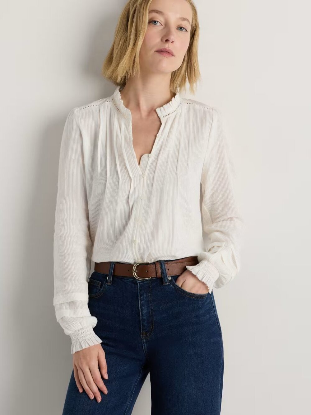 Quince White Long-Sleeve Pleated Blouse
